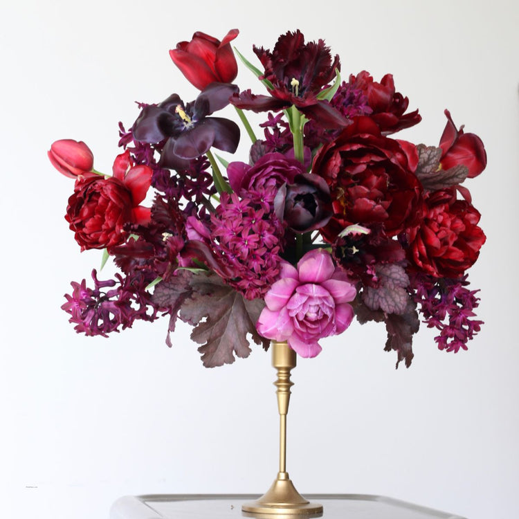 A Flirty Fleurs pink and burgundy tulip collection featuring the varieties Black Parrot, Negrita Double, Midnight Magic and Continental as well as hyacinth Woodstock.