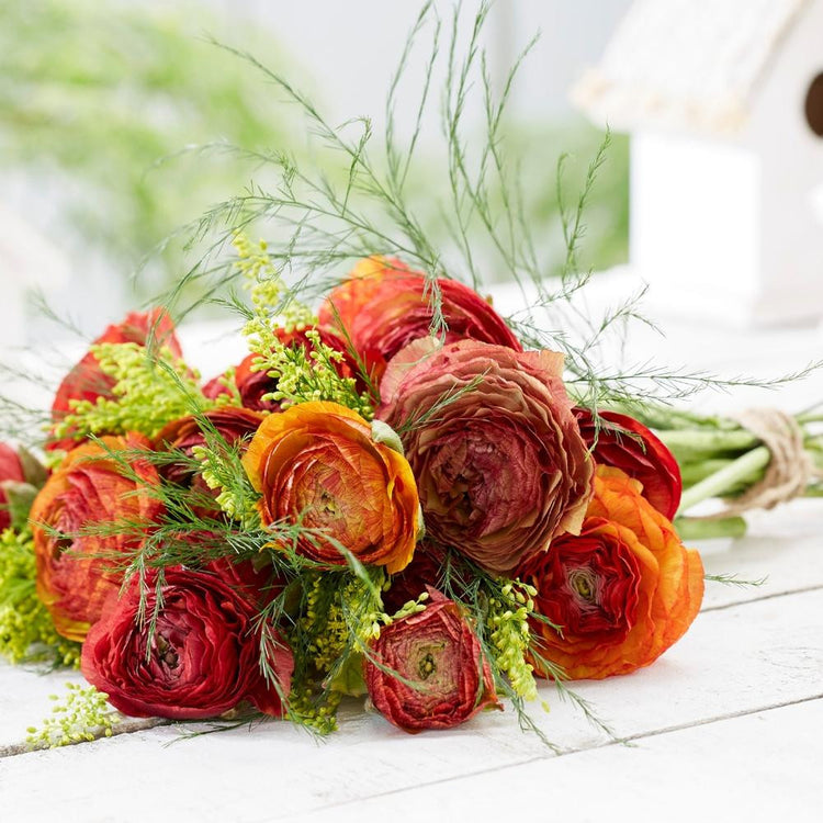 A bouquet of ranunculus in dark red and coppery hues, featuring the variety Aviv Picotee Cafe.